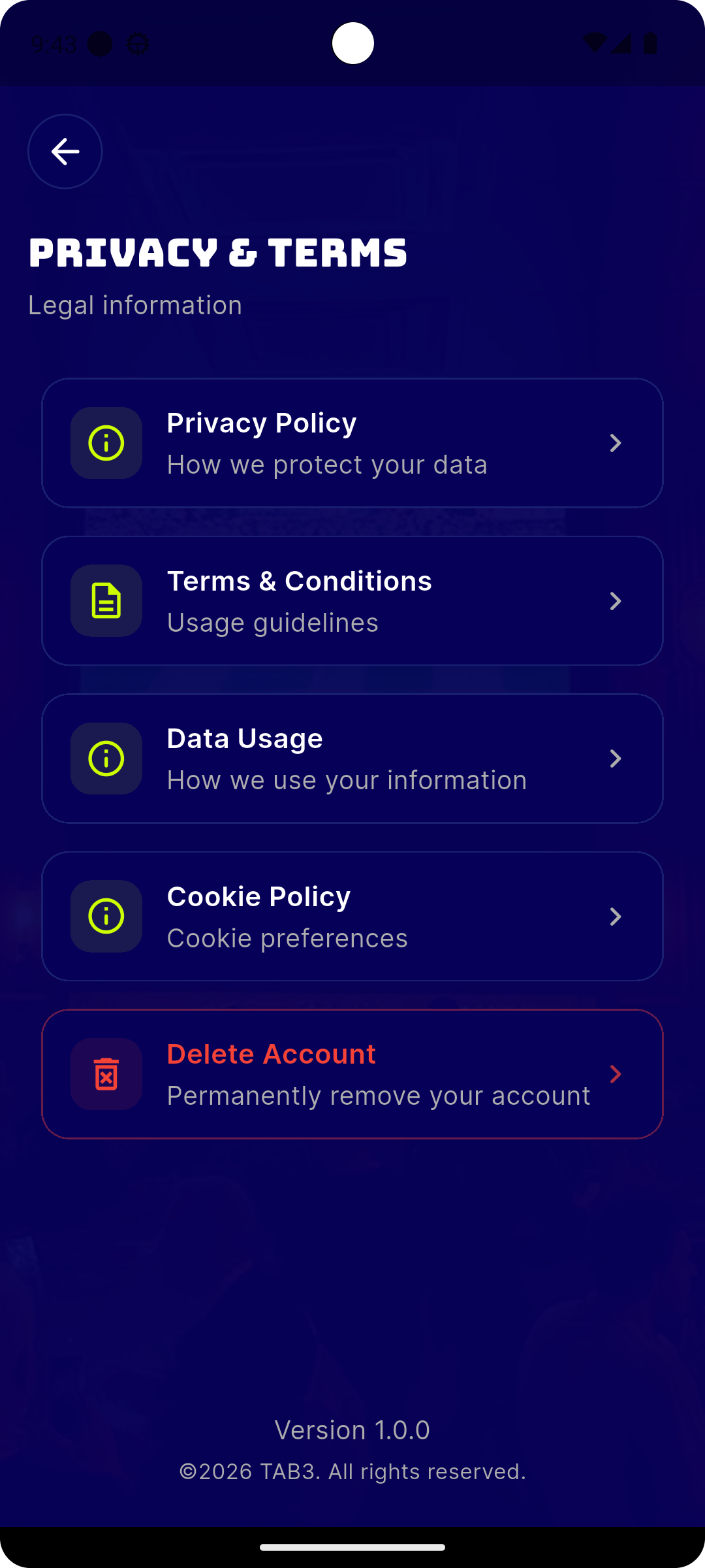 Step 2: Privacy & Terms - tap Delete Account